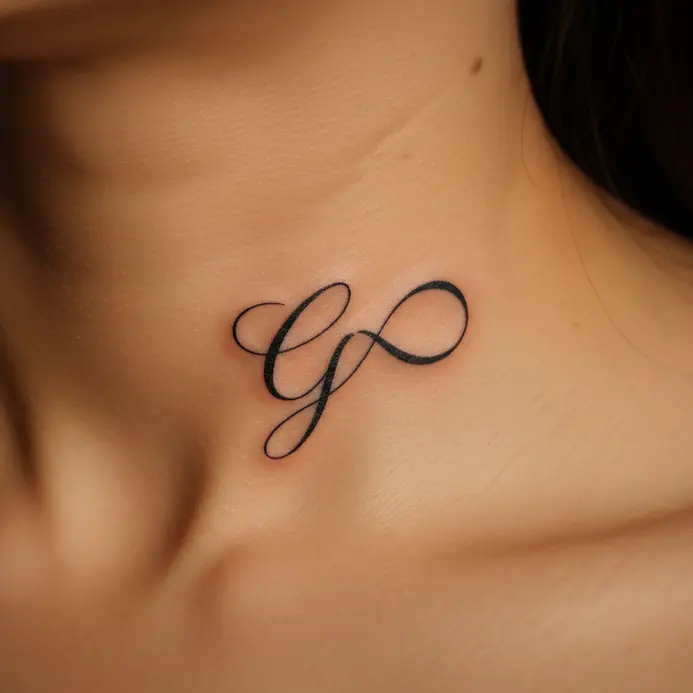 A small, elegant tattoo where the curves of a letter G form part of an infinity symbol along the collarbone.