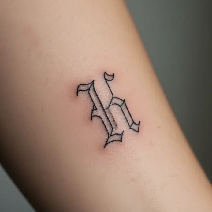 A single letter H tattoo in a sharp, gothic font created with thin, precise black lines on a wrist.