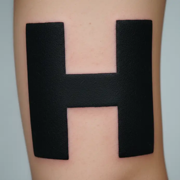 A letter H tattoo defined by the absence of ink, using negative space within a solid black geometric shape on the inner arm.