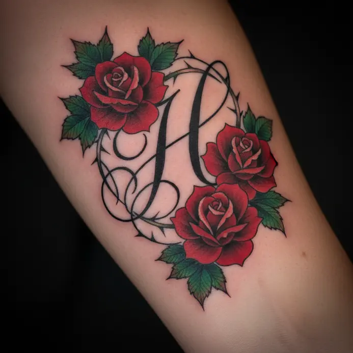 An ornate cursive letter H tattoo gracefully intertwined with blooming roses and thorny stems.
