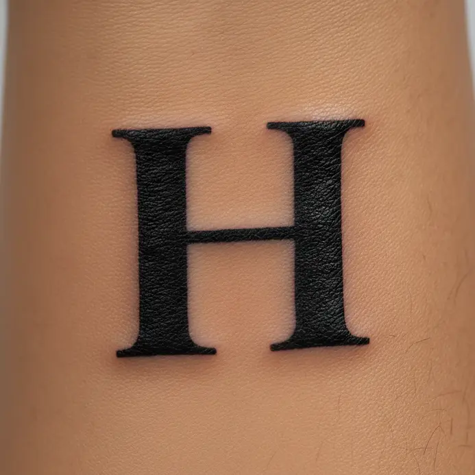 A large, solid black letter H tattoo in a traditional serif font placed prominently on the inner forearm.