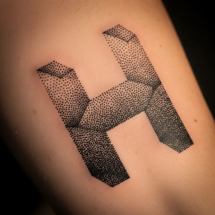 A geometric letter H tattoo formed entirely from intricate dots, creating a textured, modern effect on the inner arm.
