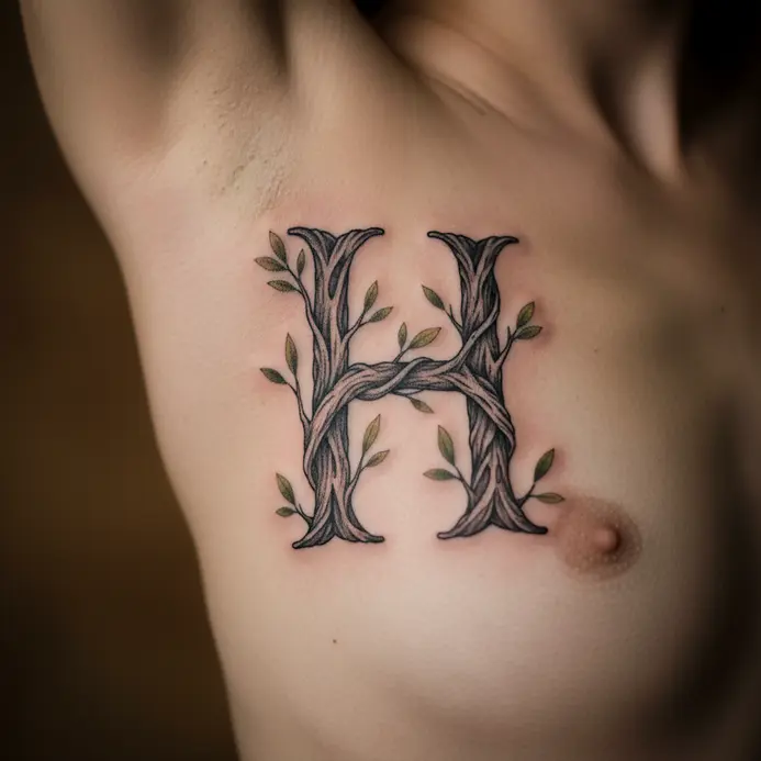 A letter H tattoo composed of intertwined, realistic tree branches with small leaves, flowing along the curve of the ribcage.