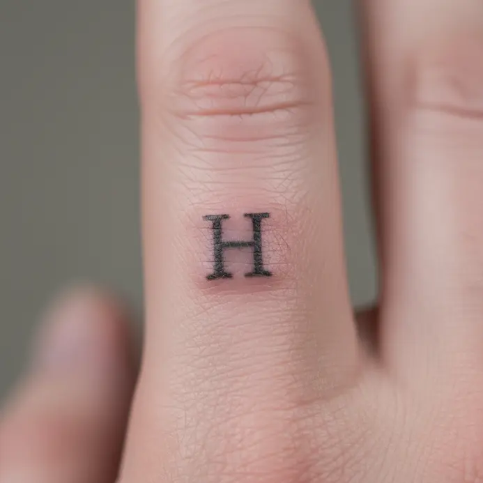 A tiny, clean letter H tattoo in a vintage typewriter font placed on the side of a finger.