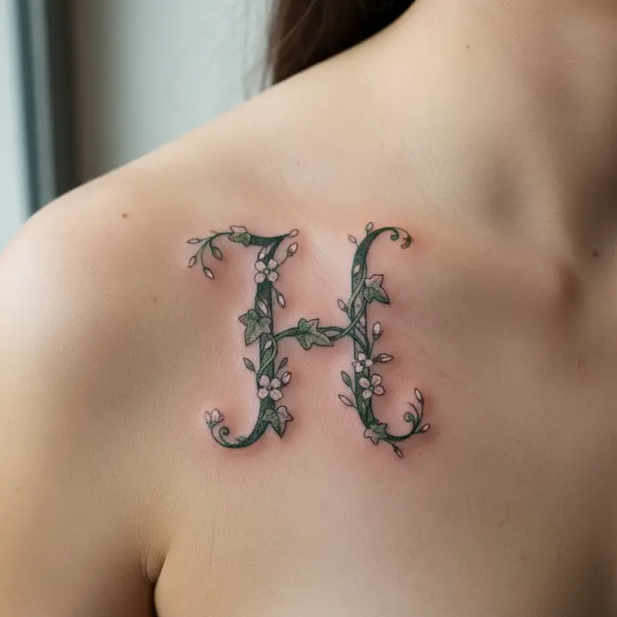 A delicate script letter H tattoo on the shoulder, elegantly wrapped with winding ivy vines and small flowers.