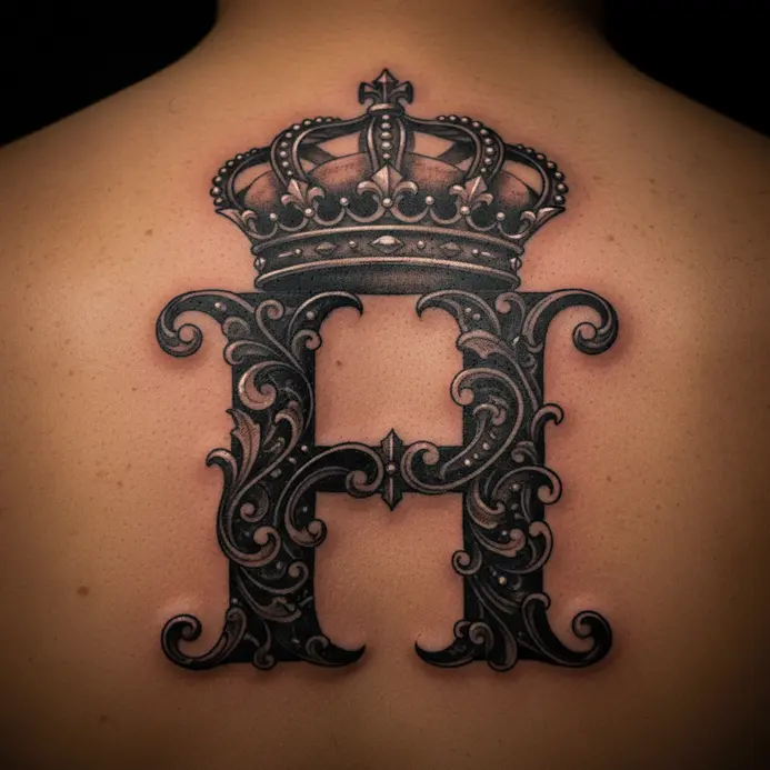 A large, ornate letter H tattoo centered on the upper back, featuring detailed scrollwork and topped with a detailed crown.
