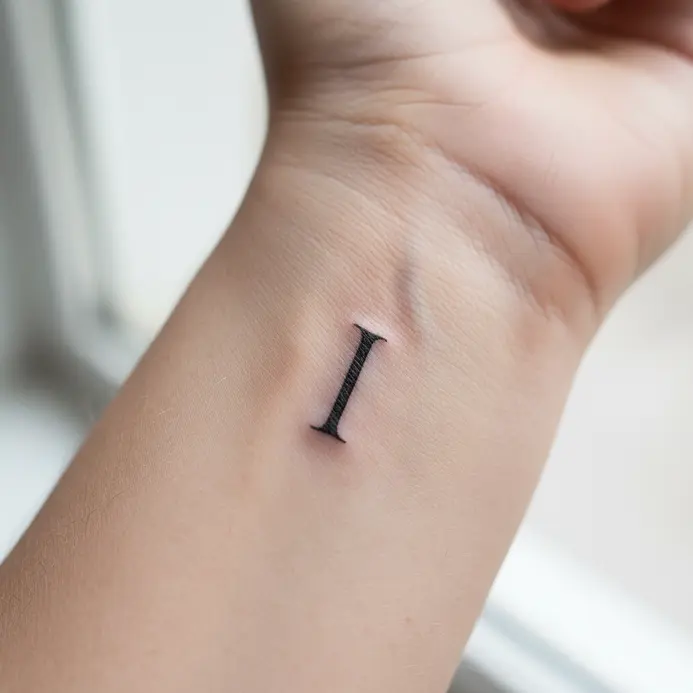 A small, clean serif letter I tattoo in black ink on the inner wrist.