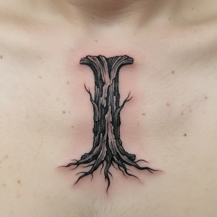 A vertical letter I tattoo with textured bark-like details and subtle roots, placed over the sternum.