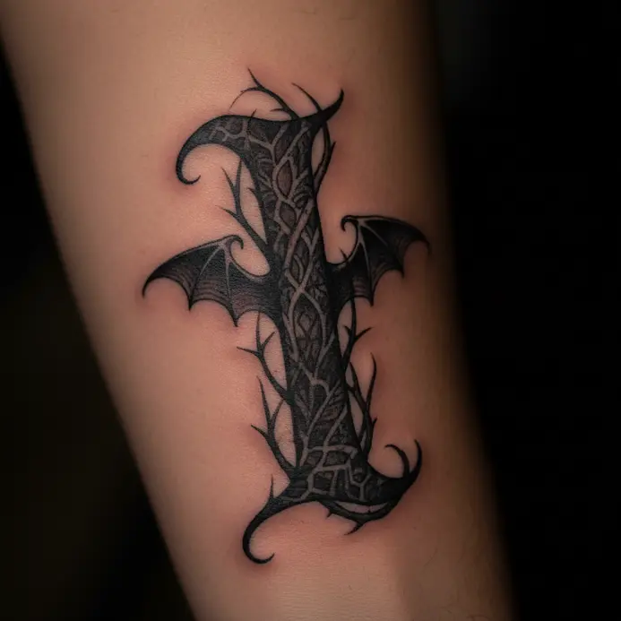 A large, ornate gothic-style letter I tattoo with sharp angles and heavy blackwork on the forearm.