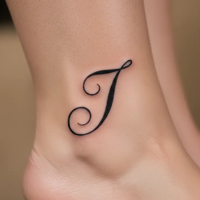 An elegant, script-style letter I tattoo in black ink wrapping around the ankle bone.