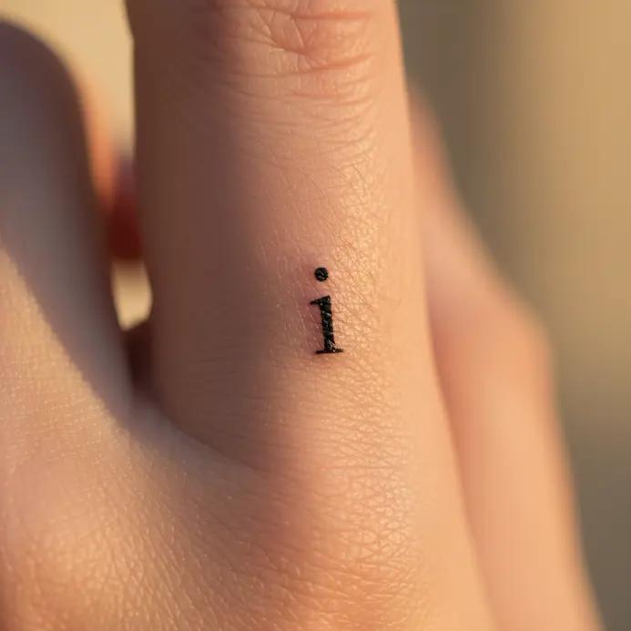 A simple, modern sans serif letter I tattoo in black ink on the side of a finger.