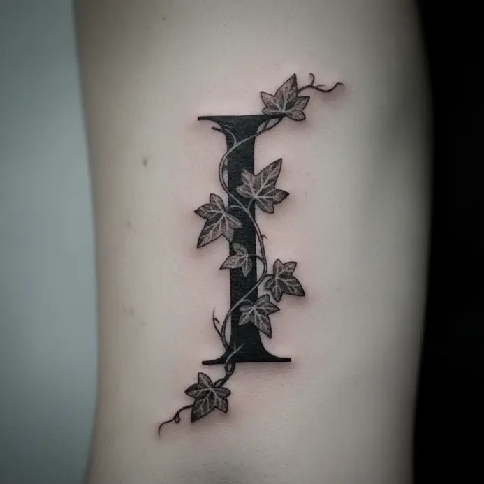 A serif letter I tattoo with thin, winding ivy vines wrapping around its stem on the upper arm.
