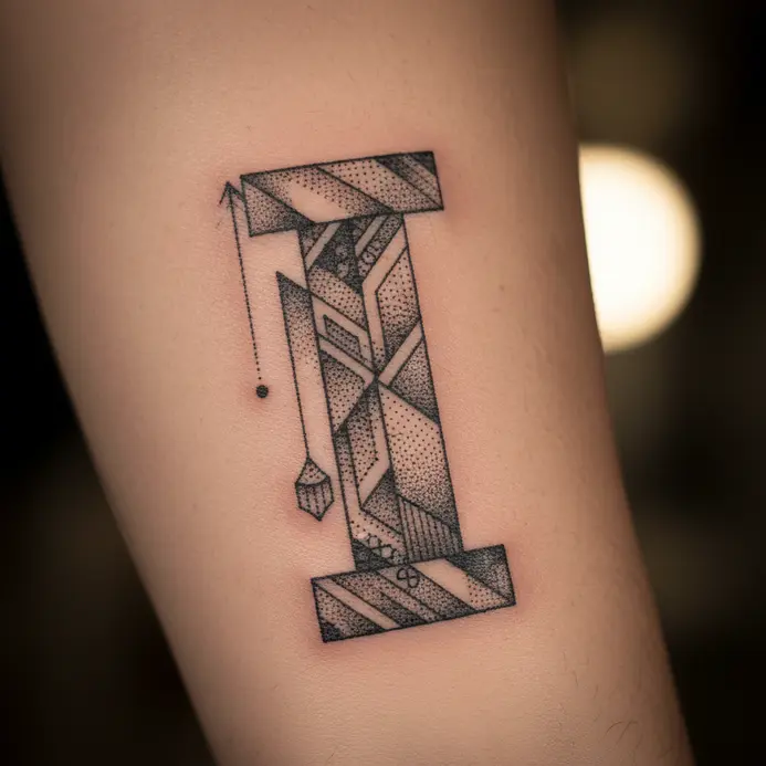 A structured letter I tattoo formed from geometric shapes and shaded using precise dotwork technique.