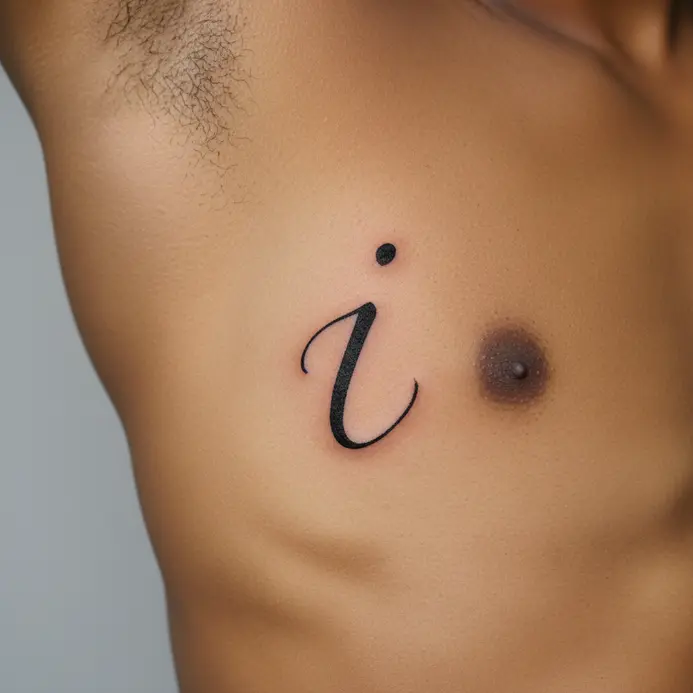 A script letter I tattoo that mimics personal handwriting, placed along the ribcage.