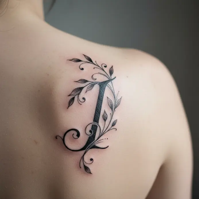 A letter I tattoo where the vertical stem transforms into the stalk of a rose or lily on the shoulder.