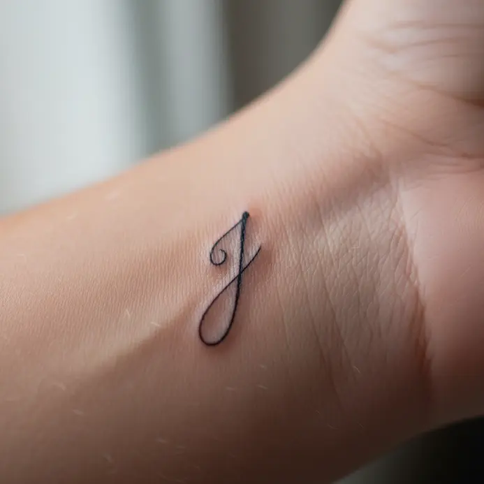 A single, elegant, thin-line cursive letter J tattooed on a wrist.