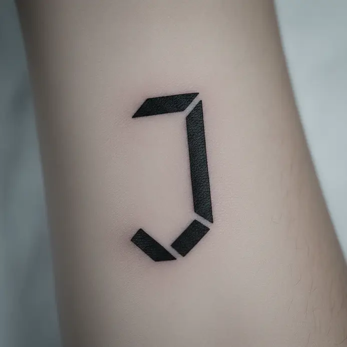 A modern, angular sans-serif letter J tattoo with sharp, geometric lines.