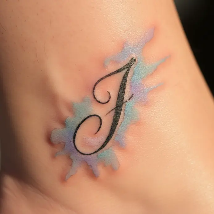 A script letter J tattoo surrounded by a soft watercolor splash of blue and purple.
