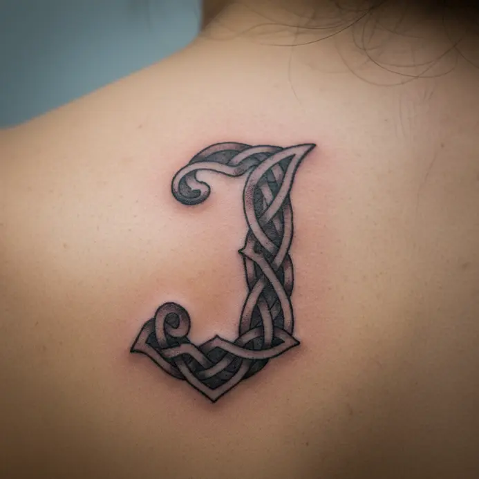 A detailed tattoo of a Celtic knot shaped into the form of the letter J on a shoulder.