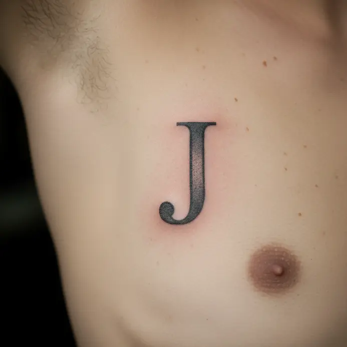 A vintage typewriter font letter J tattoo in black ink on the ribcage.
