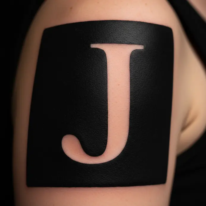 A large, solid black letter J tattoo where the shape is defined by the skin left untouched.