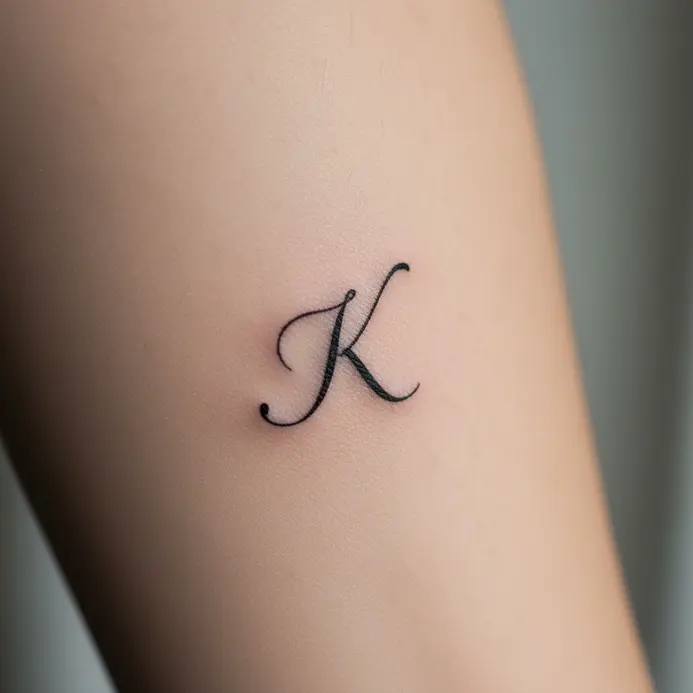 A thin, elegant cursive letter K tattooed in black ink on skin.