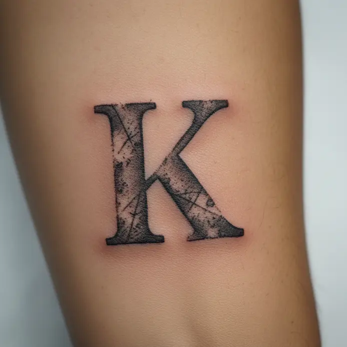 A bold block letter K tattoo with a distressed, worn texture effect.