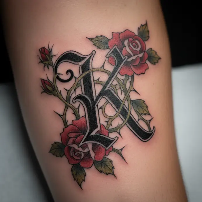 A blackwork gothic letter K tattoo with roses and thorns woven into its structure.