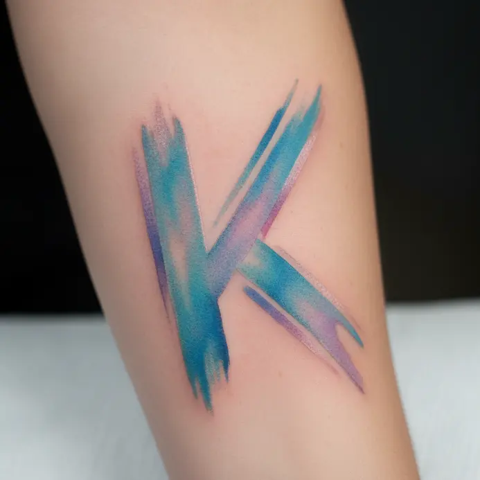 A letter K tattoo created with soft watercolor washes of blue and purple ink.