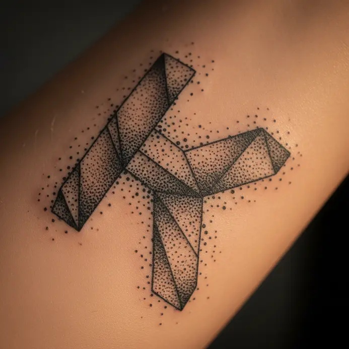 A geometric letter K tattoo created entirely from small, detailed black ink dots.