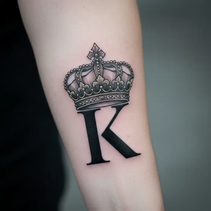 A solid black block letter K tattoo with an ornate crown resting on its top.