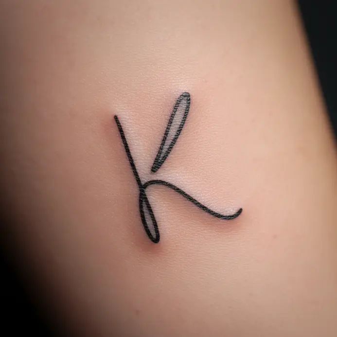 A continuous line drawing of a letter K tattooed in black ink.