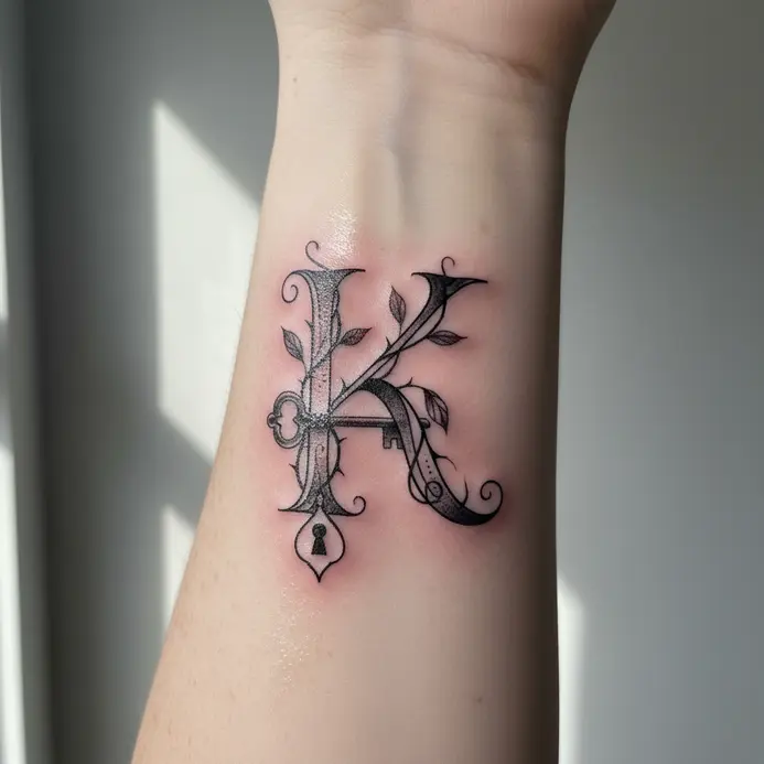 An ornate, swirled calligraphic letter K tattoo with black ink flourishes.