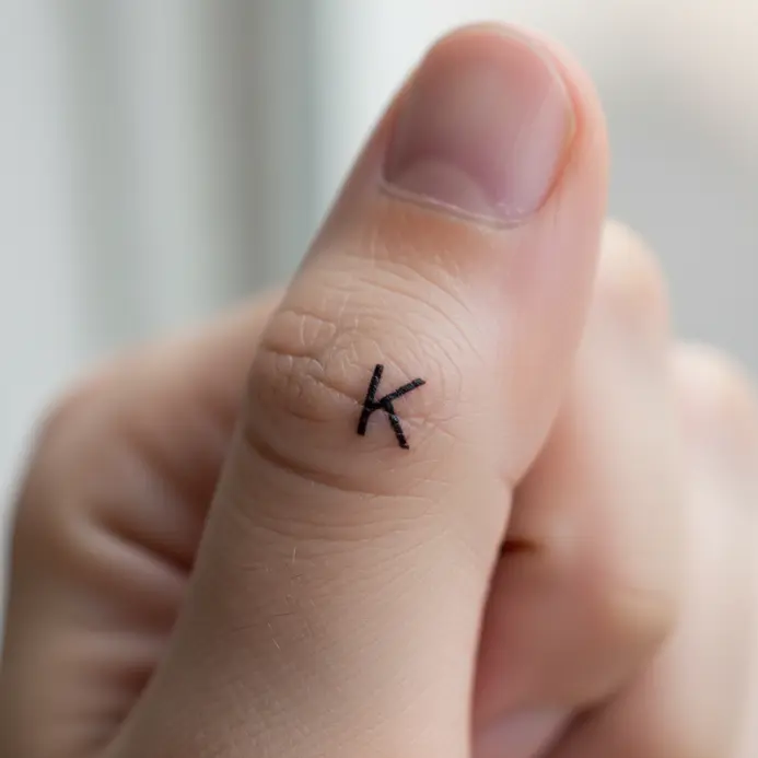 A small, minimalist letter K tattoo in black ink on the side of a finger.