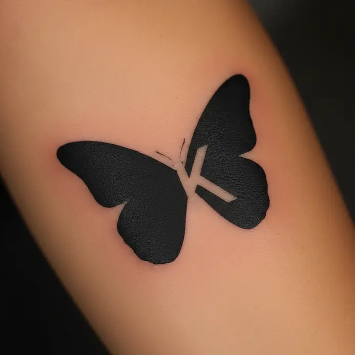 A black silhouette of a butterfly that forms the shape of a letter K.