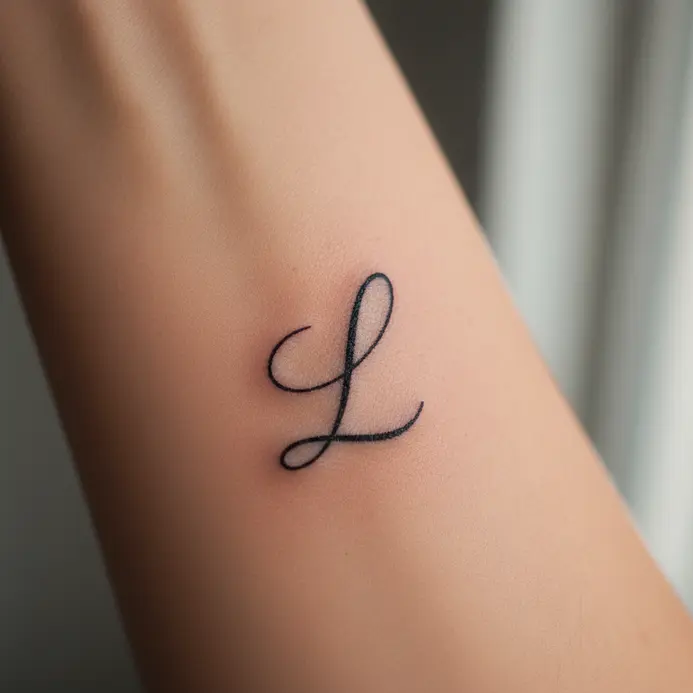A delicate, single-needle script letter L tattoo on a wrist.