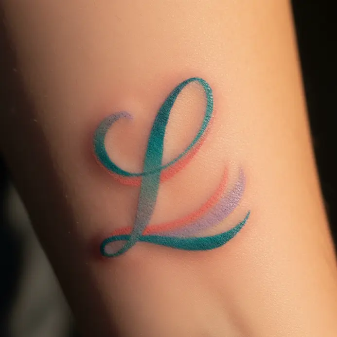 A letter L appearing as a painterly brushstroke with soft color blends.