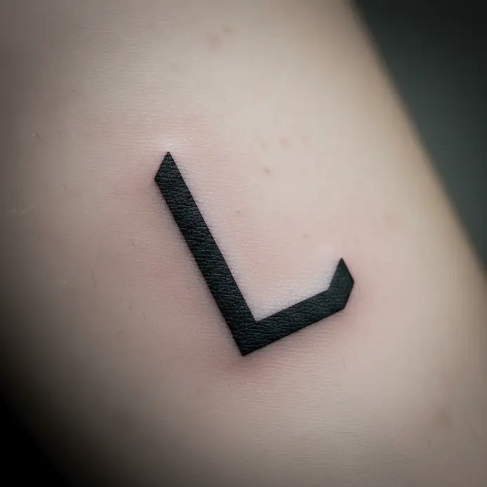 A stark, angular letter L tattoo composed of straight lines and sharp corners.