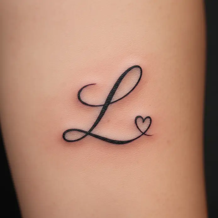 An elegant cursive letter L where the tail curls into a tiny heart symbol.
