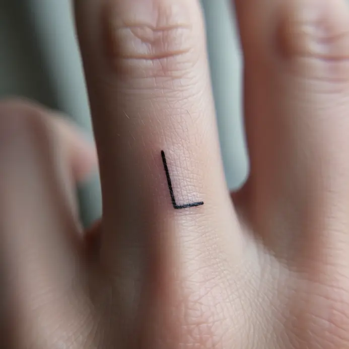 A minimal, single-line letter L tattoo placed on the side of a finger.