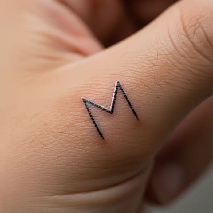 A thin, clean geometric letter M tattooed on the side of a finger with precise lines.