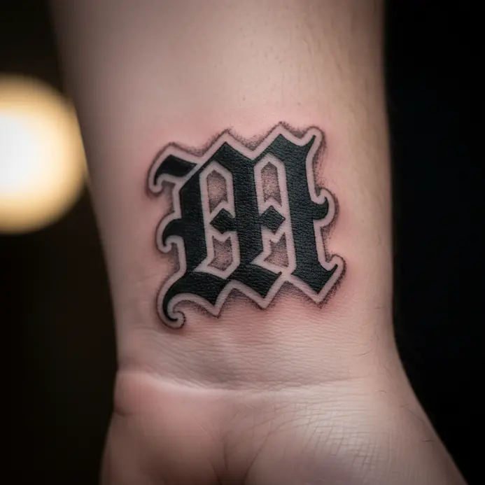 An ornate, gothic script letter M with sharp serifs and intricate details tattooed on the inner wrist.