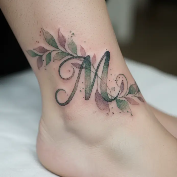 A flowing cursive letter M intertwined with watercolor-style floral vines tattooed around an ankle.