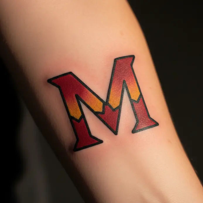 A bold, traditional tattoo of the letter M with thick black outlines and solid color fill on a forearm.