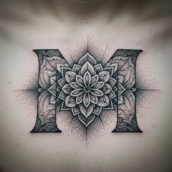 An intricate mandala design created with dotwork shading, forming the shape of a letter M over the chest.