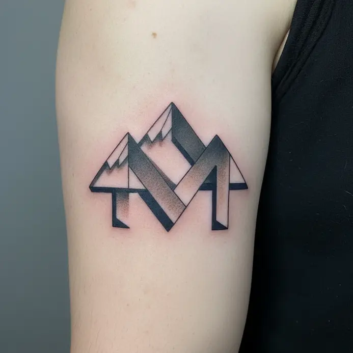 An abstract tattoo where the peaks of a letter M double as the silhouettes of mountain ranges on an arm.