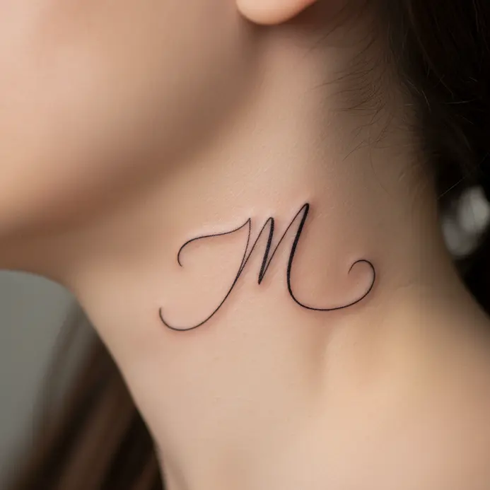 A single, elegant cursive letter M tattooed in a delicate script on the side of the neck.