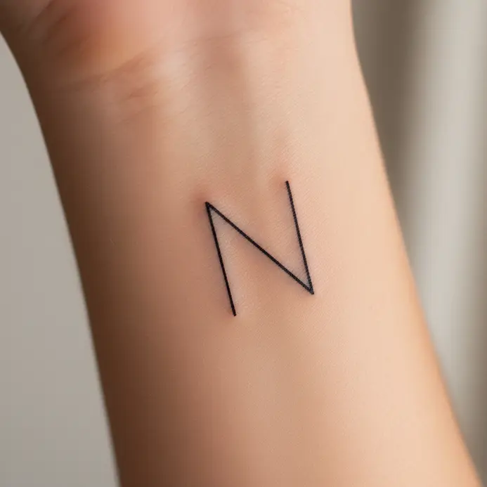 A thin, sans-serif letter N tattooed in black ink on the inner wrist.