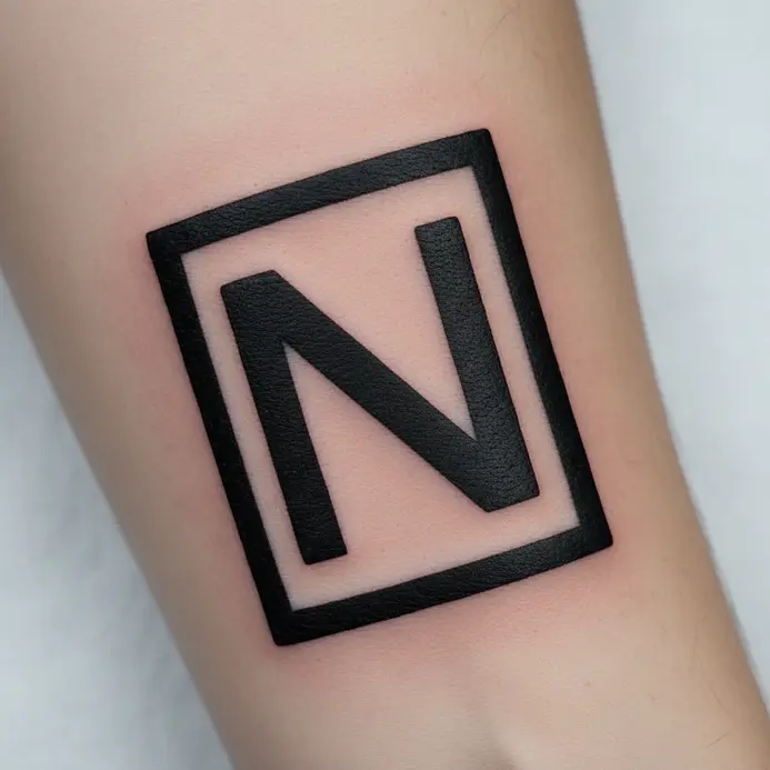 A solid black geometric shape framing a negative space letter N on a forearm.