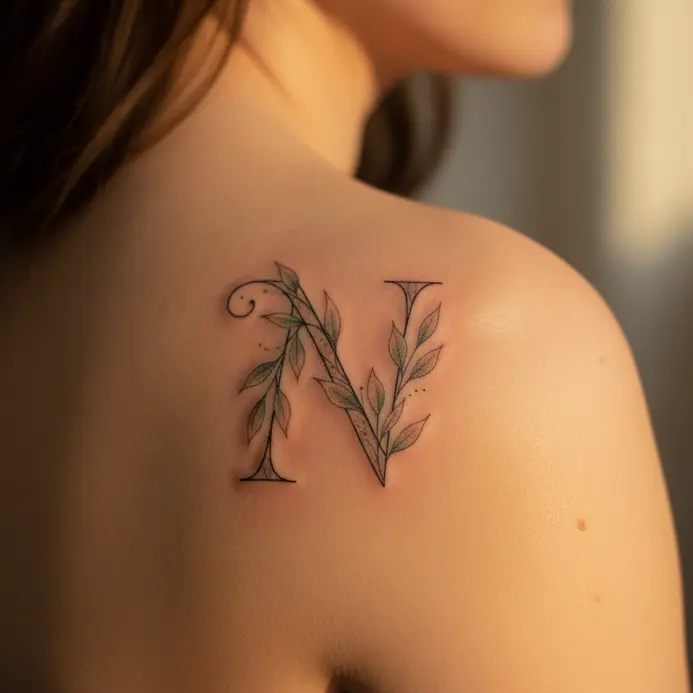 A fine-line letter N tattoo with leaves and flowers weaving through its form on a shoulder.